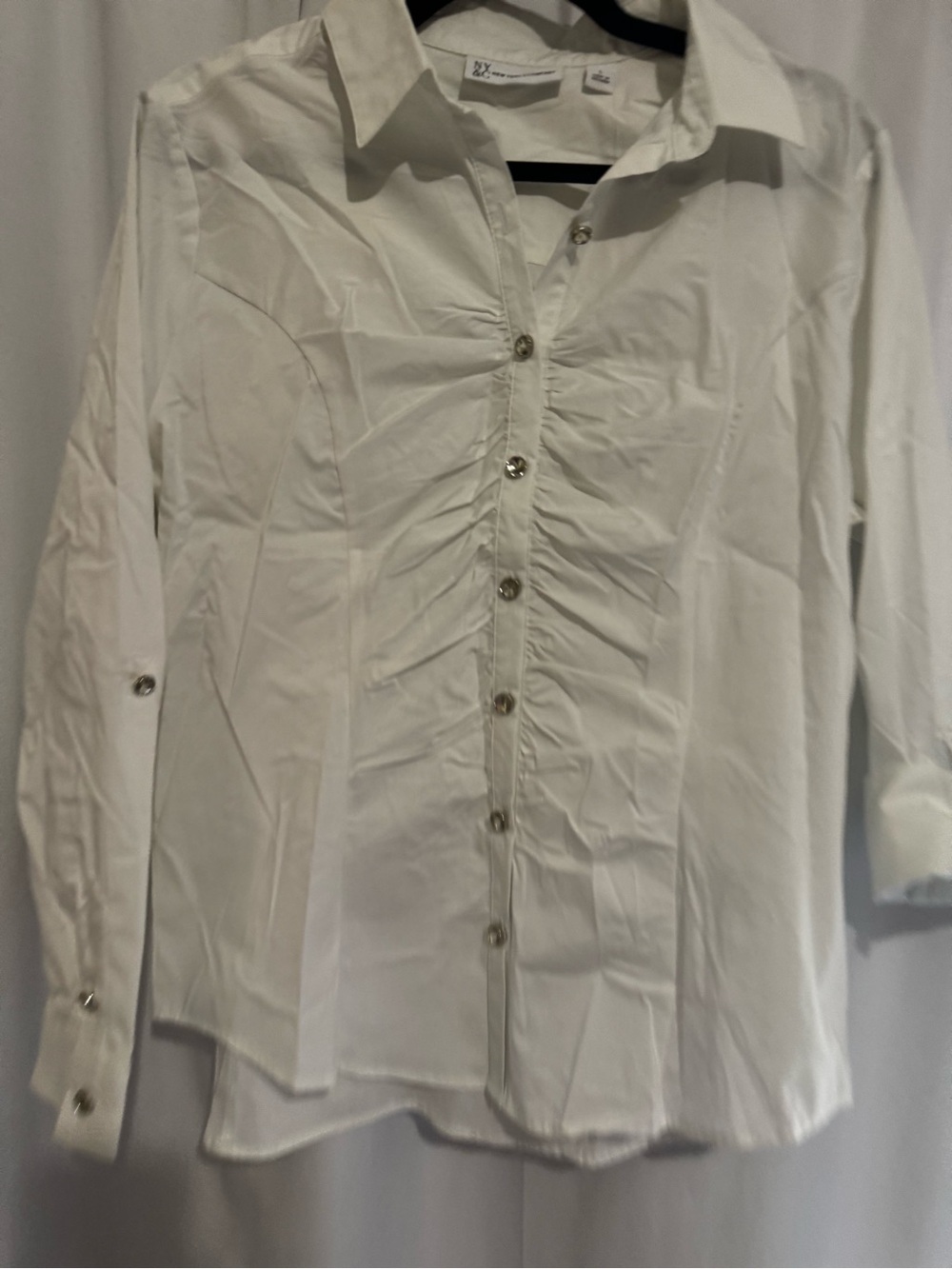 New York & Company White Ruched Front Button-Down Shirt
